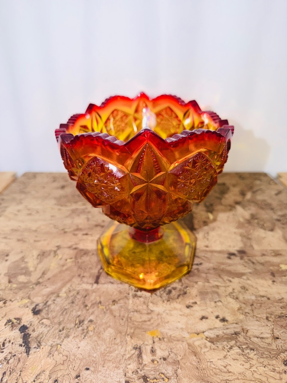 Amberina McKee Kemple Toltec Design Oval Footed Saw Tooth Edge Compote Bowl - Picture 3 of 6